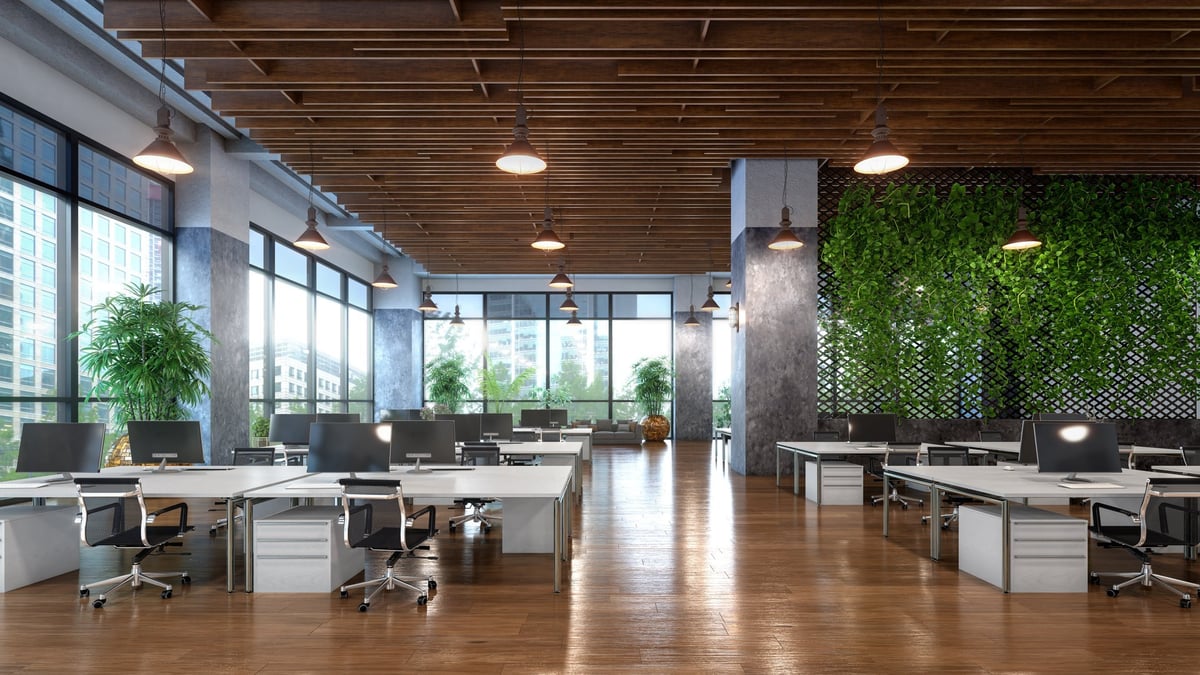 Open office with view from large windows interior