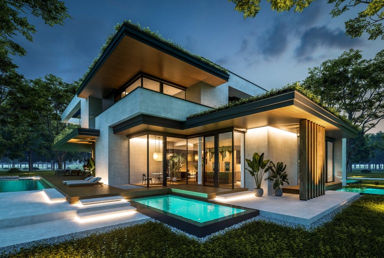 3d rendering of two-story house with parking and pool for sale or rent with concrete facade and beautiful landscaping. Clear summer night with many stars on the sky