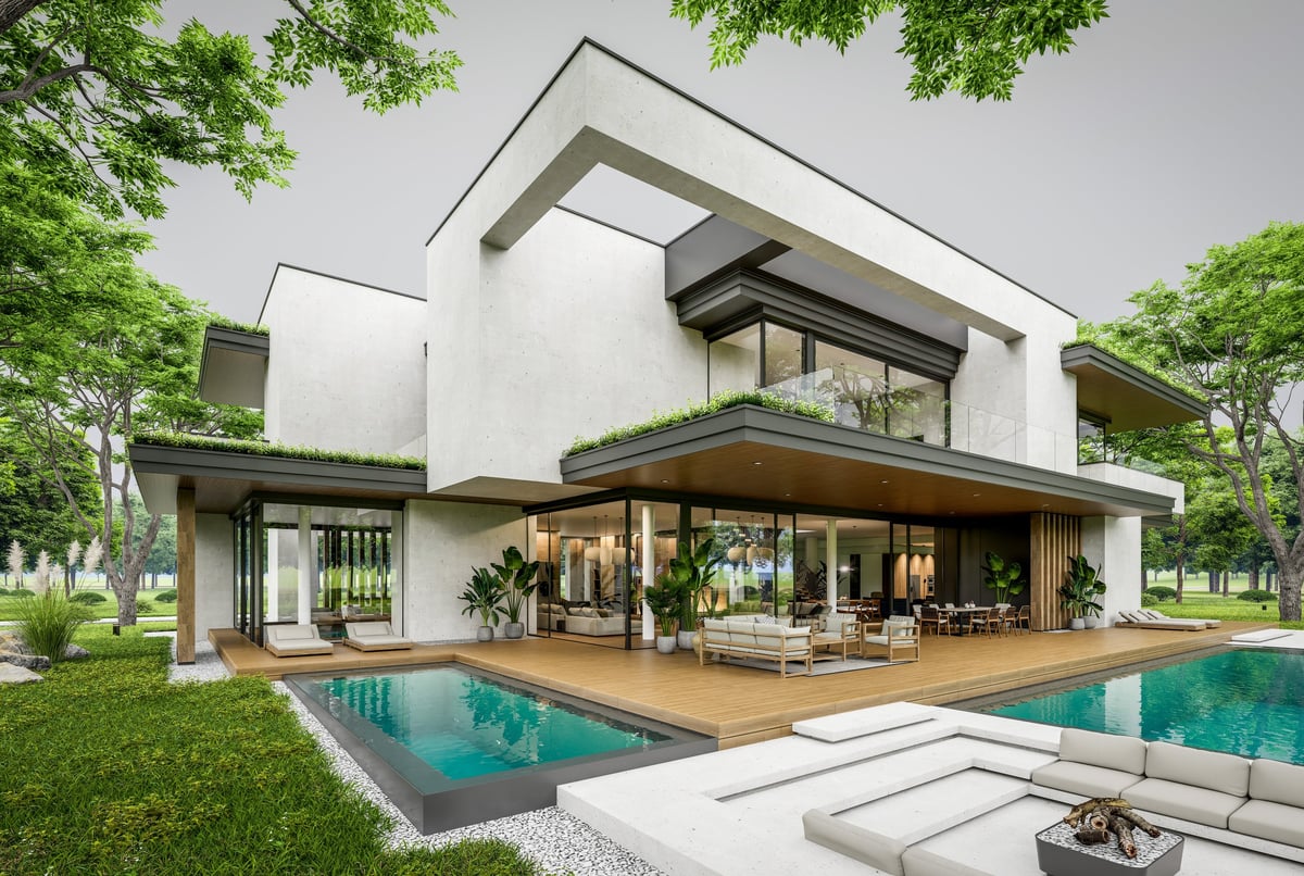 Two-story house with pool and landscaping