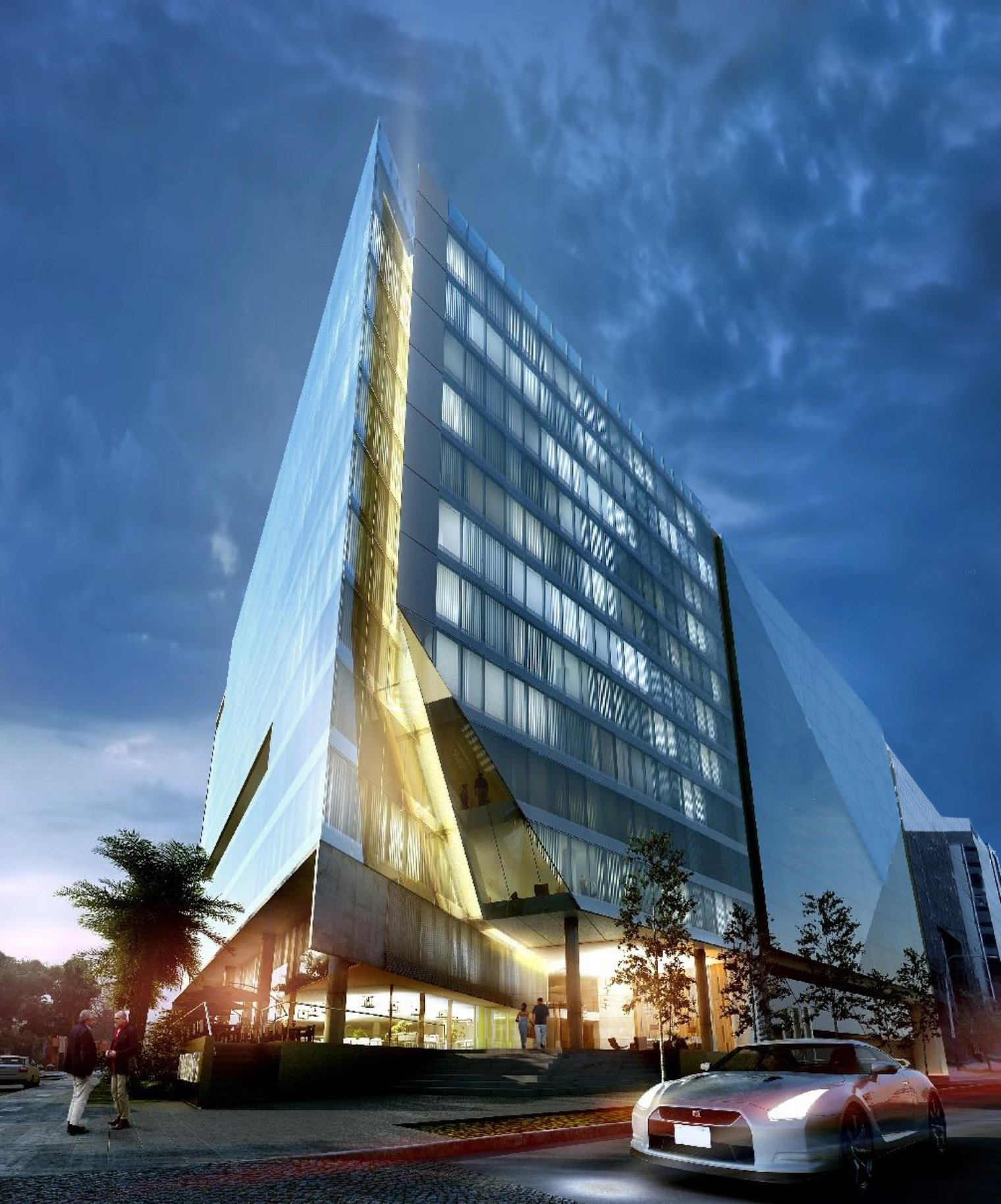 Modern angled office building with glass and metal facade at dusk, illuminated with warm lighting, sports car parked in front