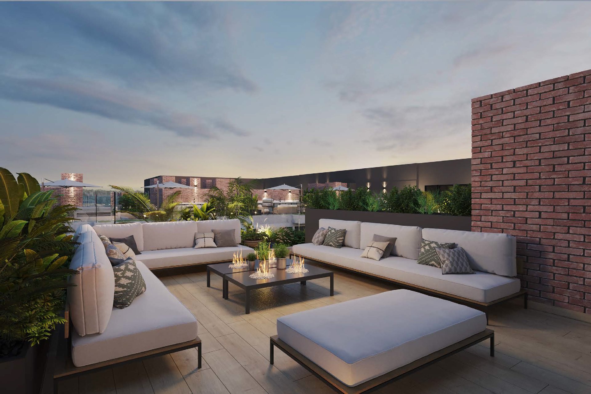 Modern rooftop terrace with contemporary seating, dark table, and city views at dusk