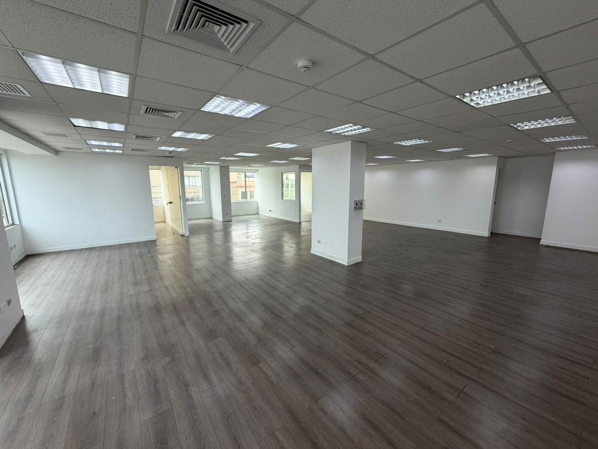 Empty modern office space with dark wood flooring, white walls, and fluorescent ceiling lights