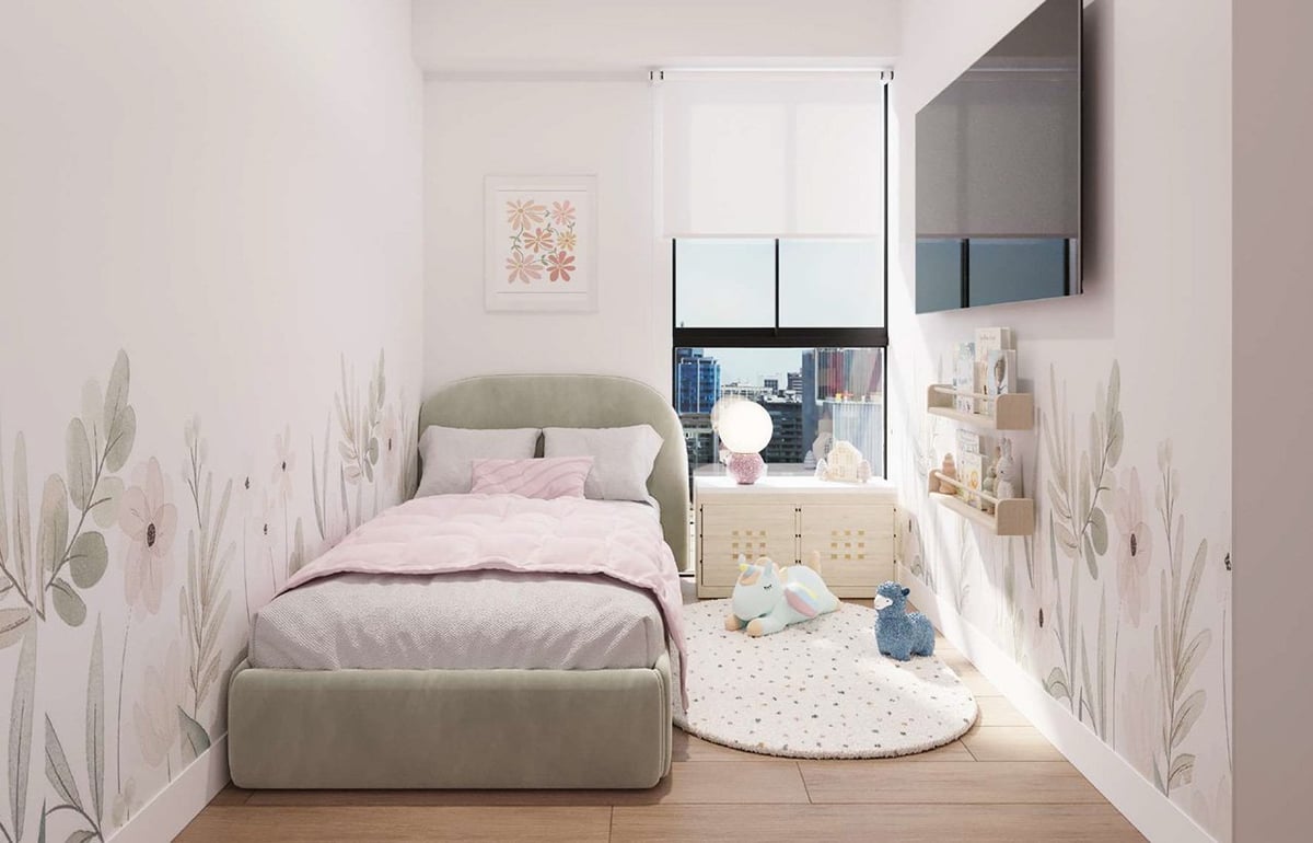 Modern minimalist bedroom with green upholstered bed, pink and white bedding, botanical wall murals, natural lighting from windows, and contemporary furniture