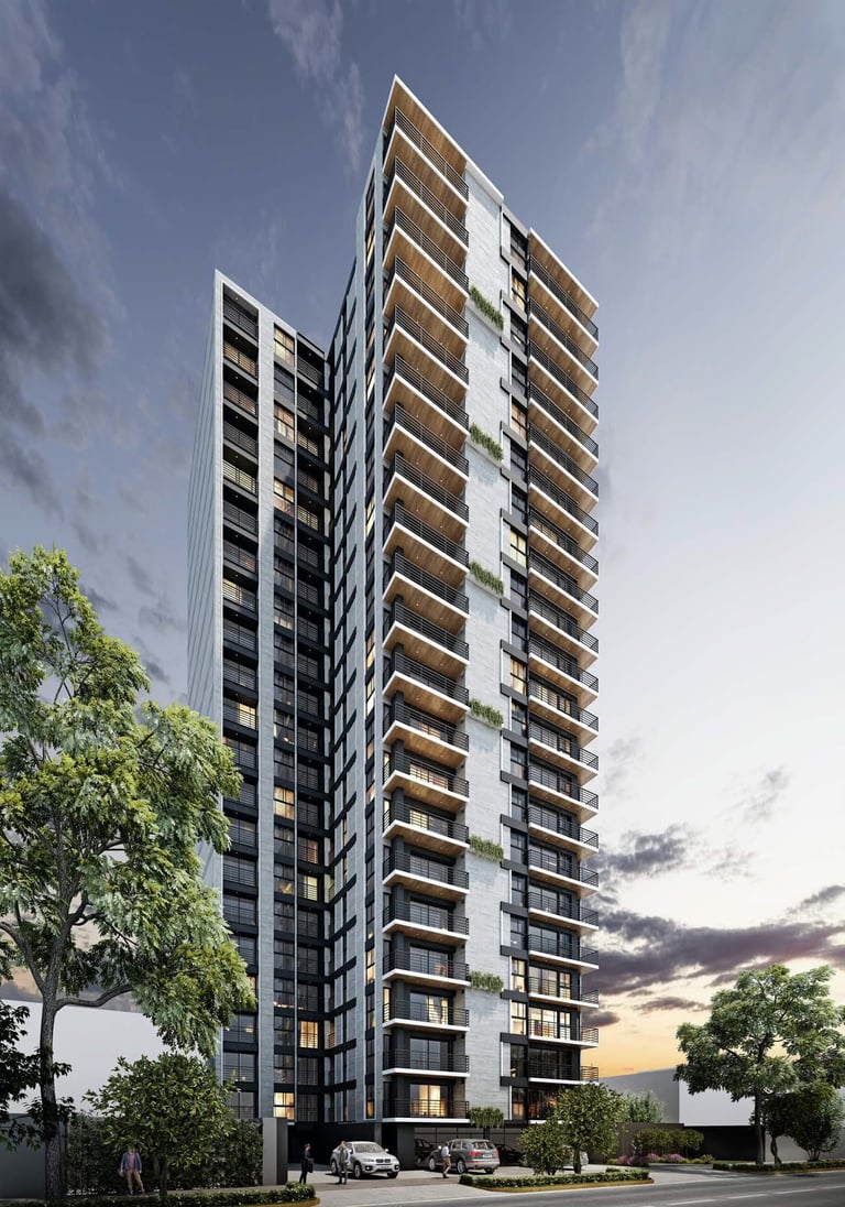 Modern tall residential building with alternating dark and wood-colored balconies, surrounded by trees at dusk