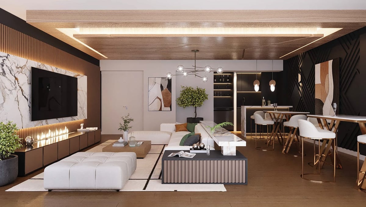Modern luxury living room and dining area with dark wood accents, white furniture, wall-mounted TV, and open floor plan