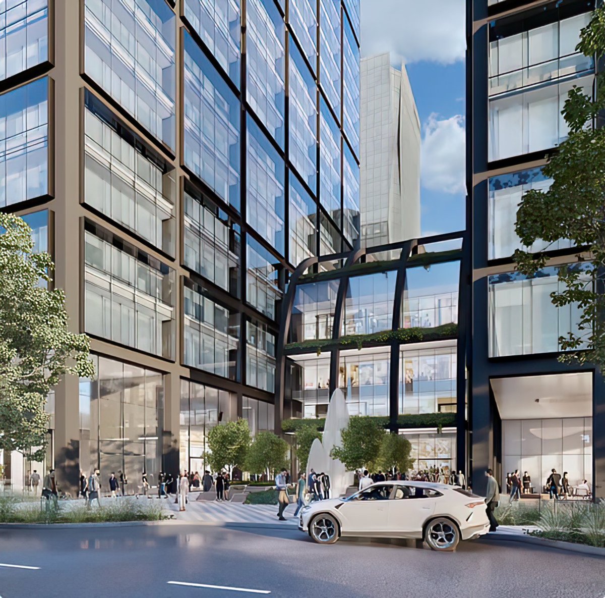 Modern urban plaza with glass-facade buildings, pedestrians, and a white luxury car parked under a black steel canopy structure.