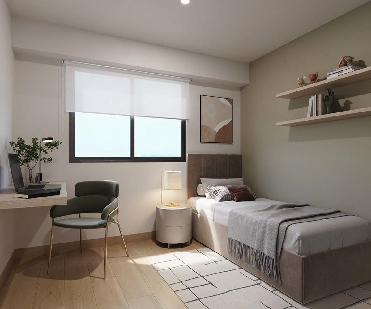 Modern bedroom with single bed, desk workspace, armchair, large window, white shelving, and minimalist decor
