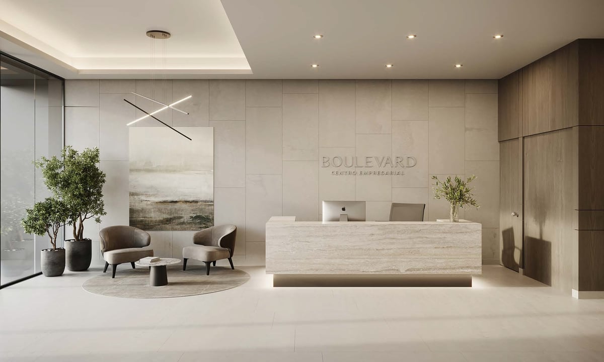 Modern minimalist lobby with light wood reception desk, seating area with chairs, potted plants, and contemporary wall art