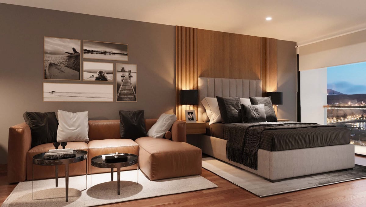 Modern luxury bedroom with brown leather seating area, king bed with dark bedding, wall art, and city skyline view through large window