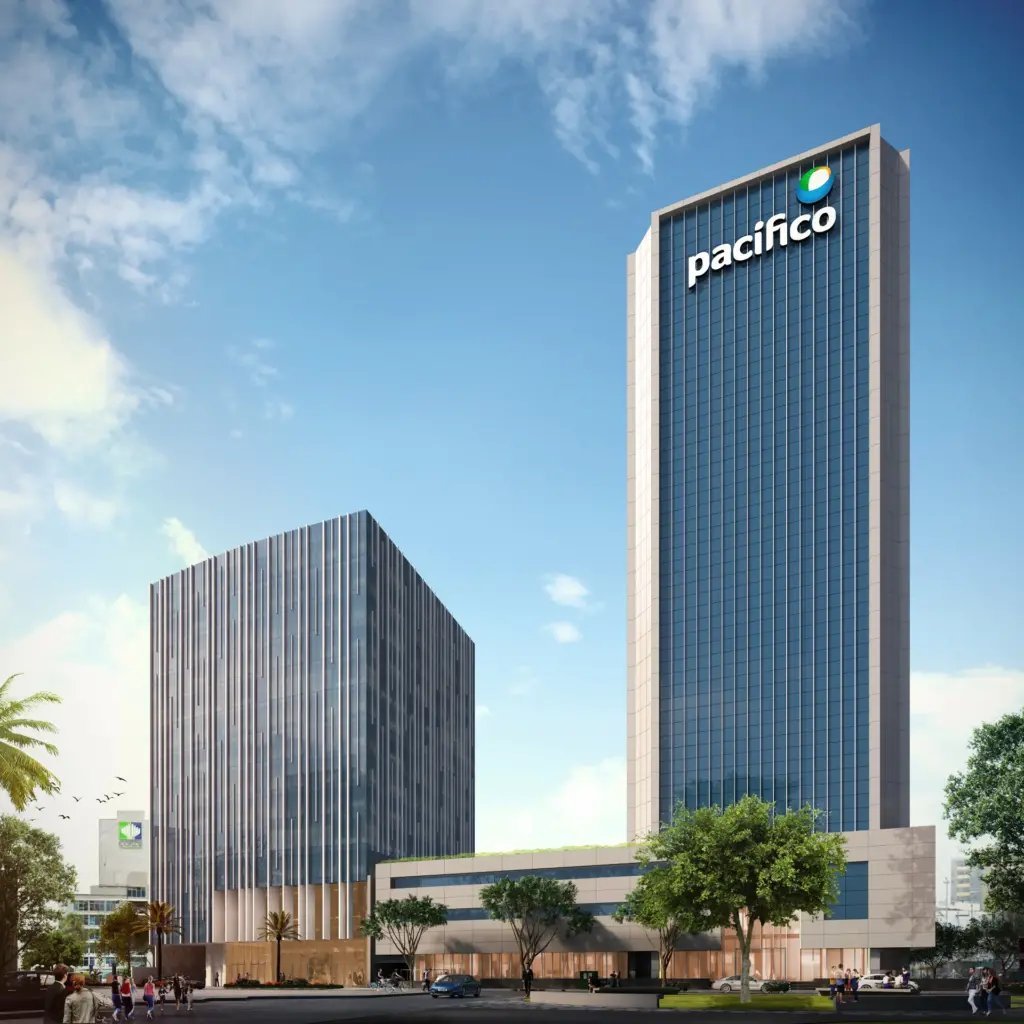 Modern architectural rendering of two tall buildings, with the right tower featuring the Pacifico logo, set against a blue sky with landscaping