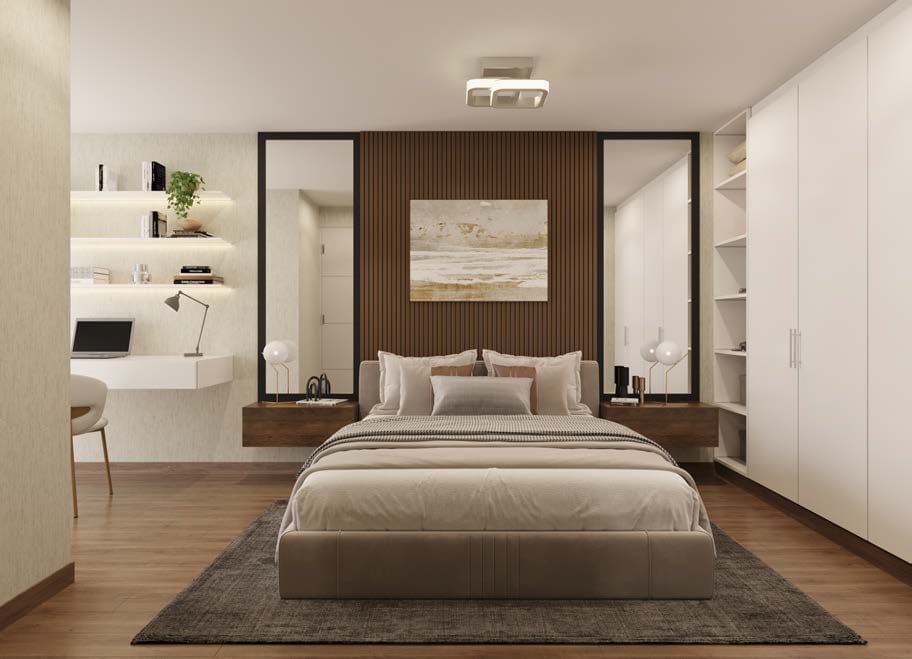 Modern bedroom with platform bed, wood accent wall, integrated shelving, workspace, and minimalist neutral decor
