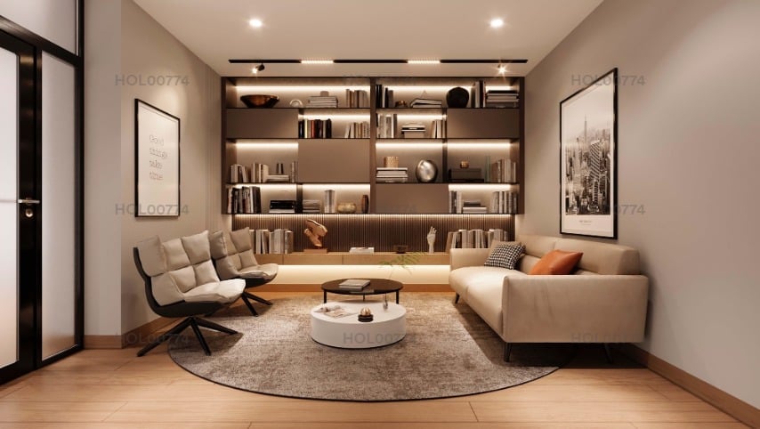 Modern living room with beige sofa, accent chair, round coffee table on area rug, and floor-to-ceiling bookshelf with warm lighting