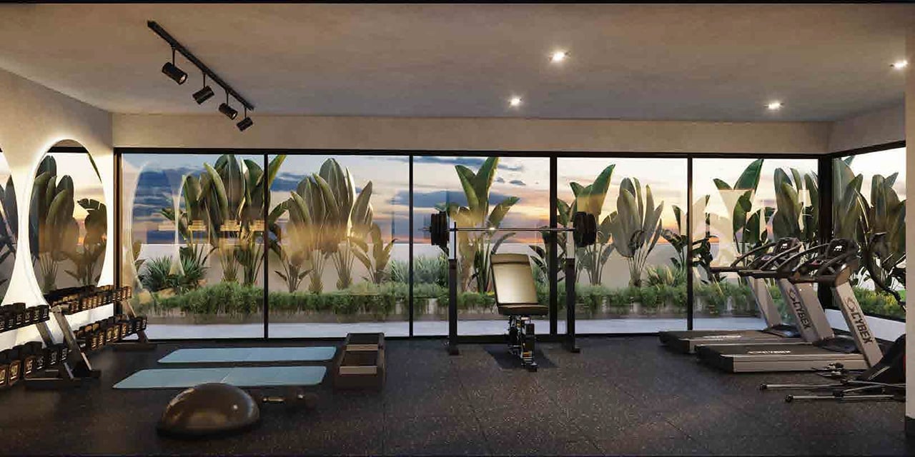 Modern gym interior with exercise equipment and large windows overlooking tropical palm trees and ocean view