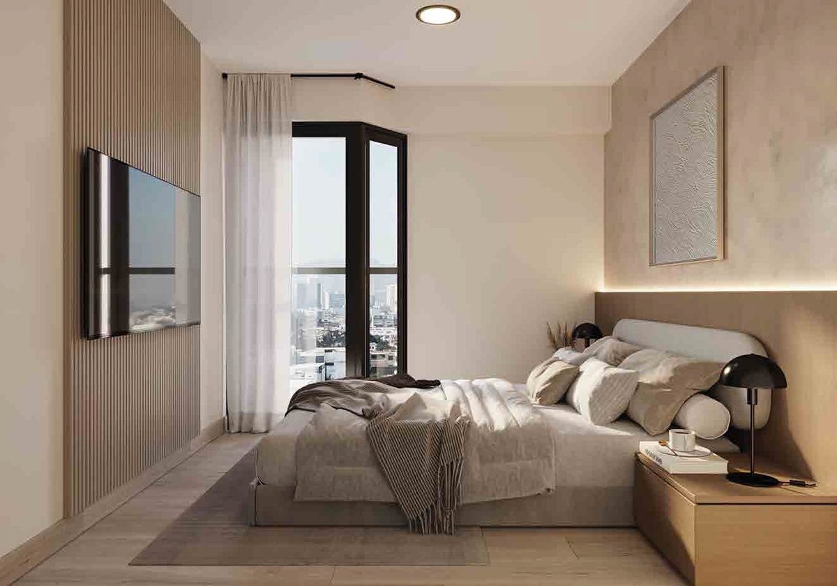 Modern minimalist bedroom with beige walls, queen bed with neutral bedding, wall-mounted TV, floor-to-ceiling windows, and wood nightstands