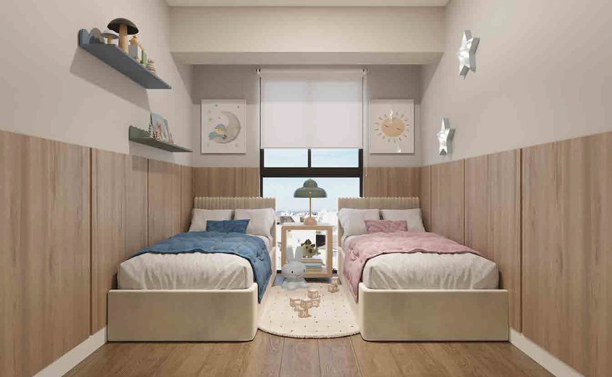 Modern shared bedroom with two twin beds with blue and pink bedding, wooden paneling, pendant light, shelves, and framed wall art