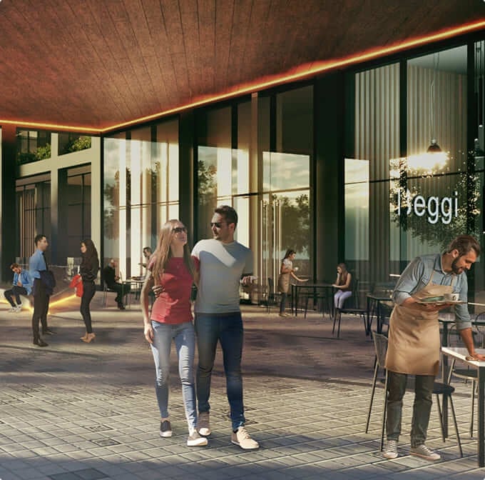 Modern outdoor cafe with wooden ceiling, customers walking and dining on patio, contemporary architecture with large windows