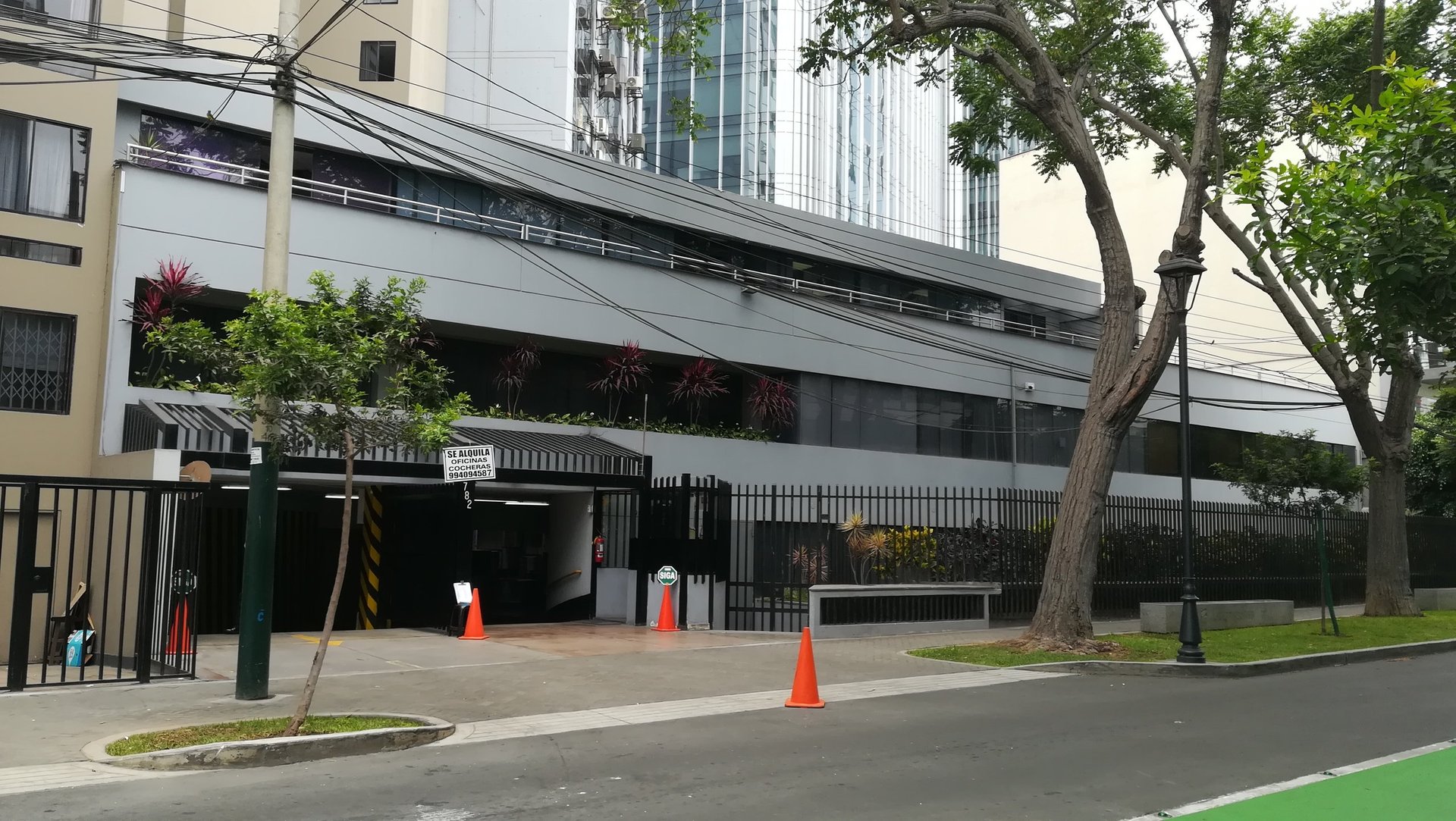 Modern building entrance with black security gate, orange traffic cones, large tree, and parking area
