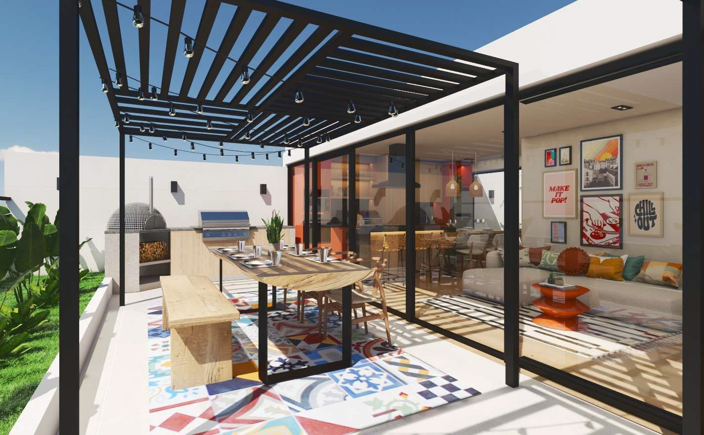 Modern patio with black pergola, dining table, and view into contemporary home interior with kitchen and living areas.