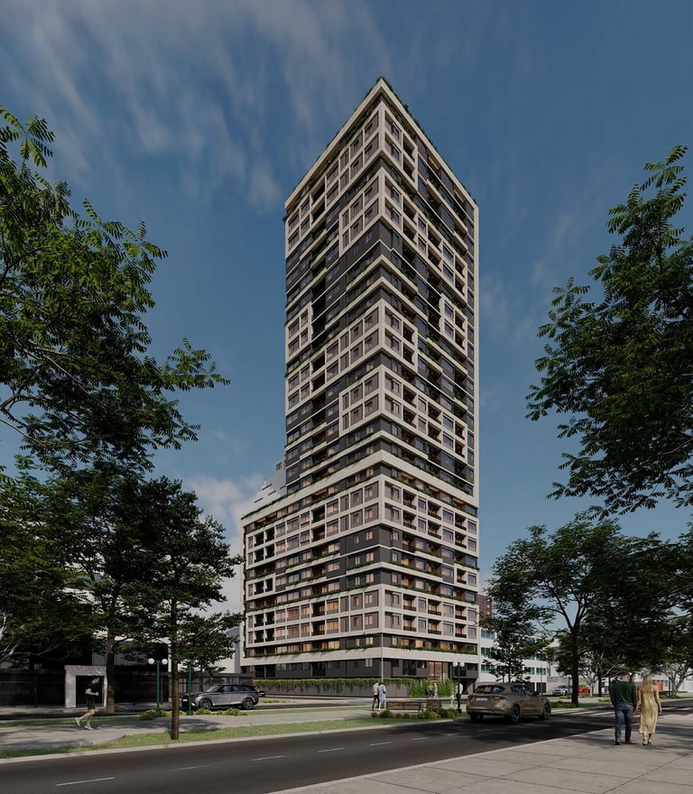 Modern tall residential tower with distinctive chevron balcony pattern, surrounded by trees and street level pedestrian area