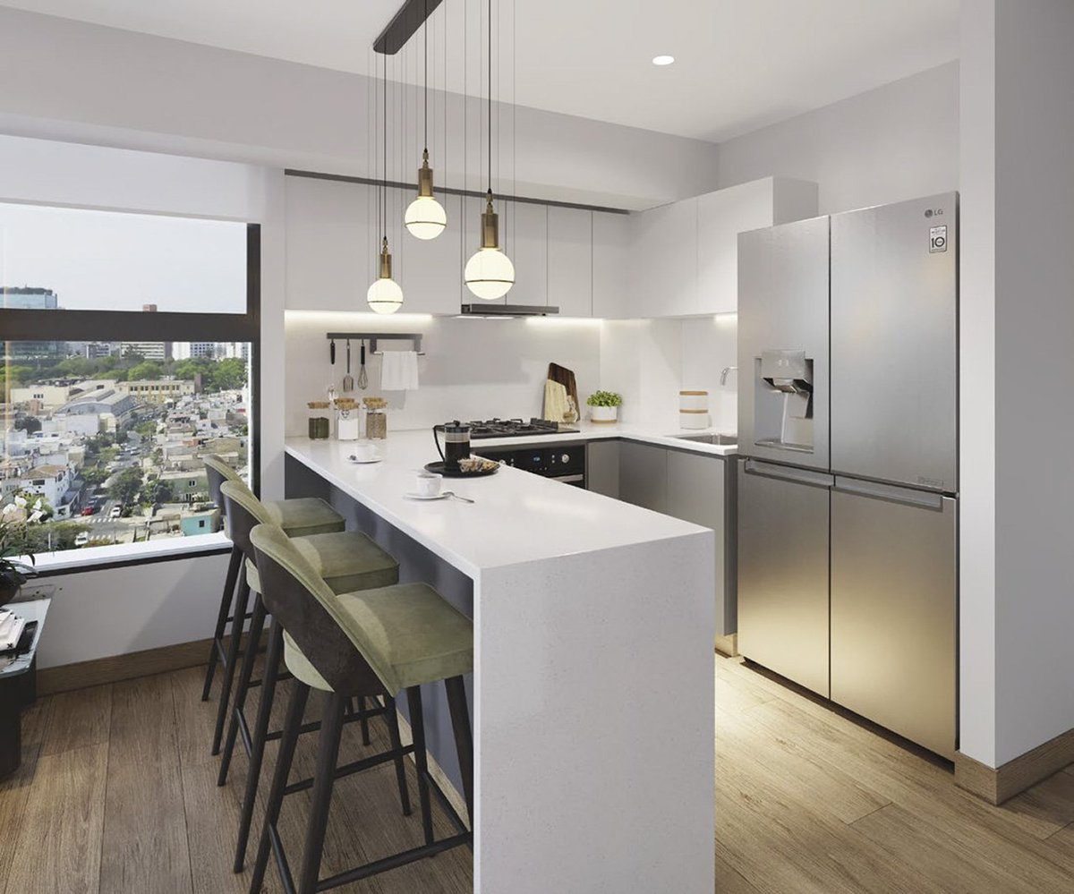 Modern kitchen with white island, stainless steel appliances, pendant lights, and city view from large window