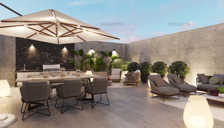 Modern rooftop terrace with dining area, lounge chairs, potted plants, and beige umbrella under evening light
