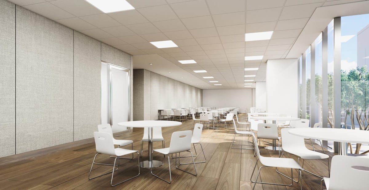 Modern open office space with wooden floors, white chairs, tables, and large windows providing natural light