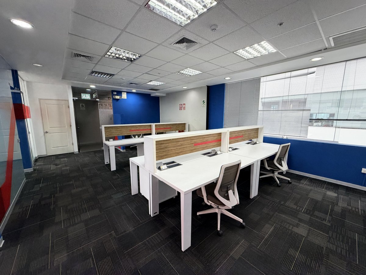 Modern open office space with white desks, blue accent walls, and large windows