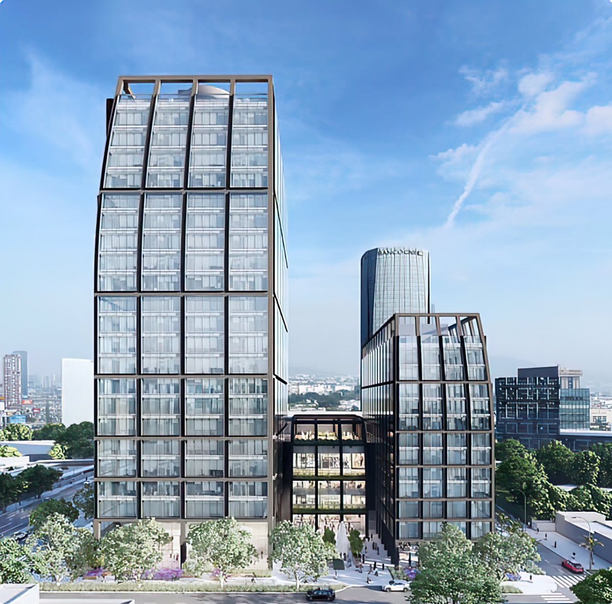 Modern architectural rendering of tall residential buildings with glass and metal facades against a blue sky with city skyline in background.