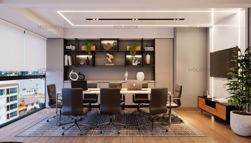 Modern office interior with dual workstations, wall shelving, geometric rug, and contemporary furniture under LED ceiling lights