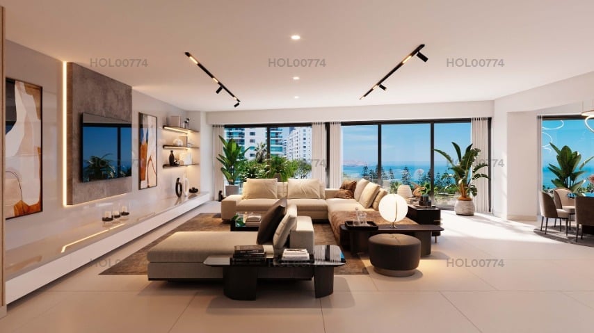 Modern luxury apartment living room with floor-to-ceiling windows, coastal views, beige furnishings, and contemporary decor
