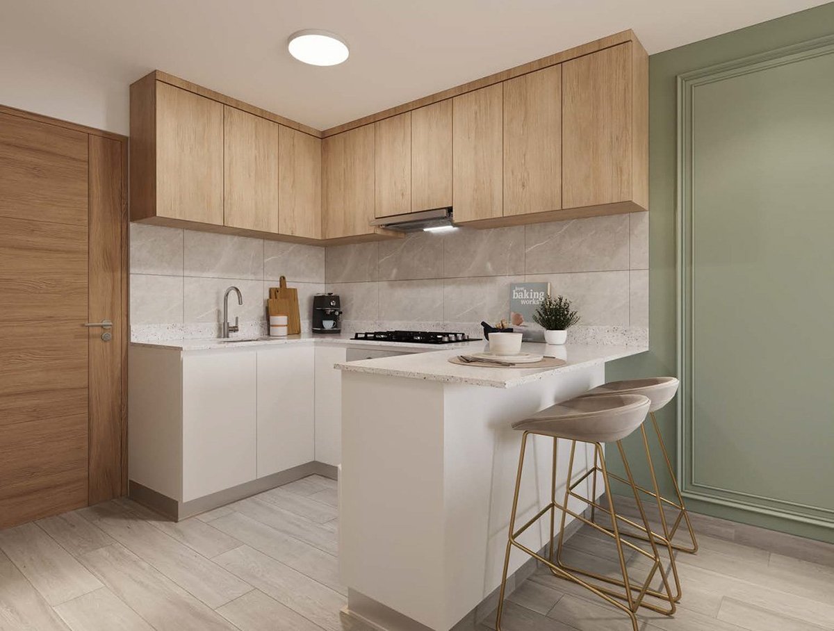 Modern kitchen with light wood cabinets, white lower units, tile backsplash, gas cooktop, and island seating