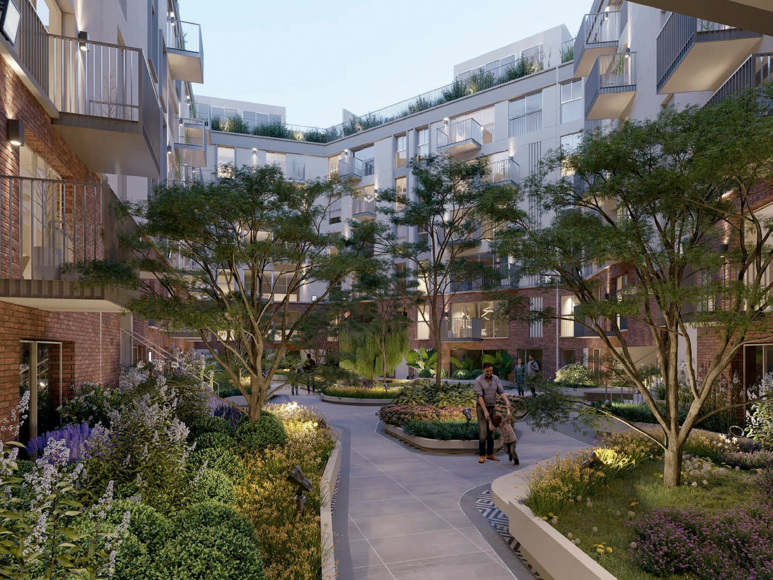 Courtyard view of modern residential buildings with landscaped gardens, trees, and pedestrian pathways