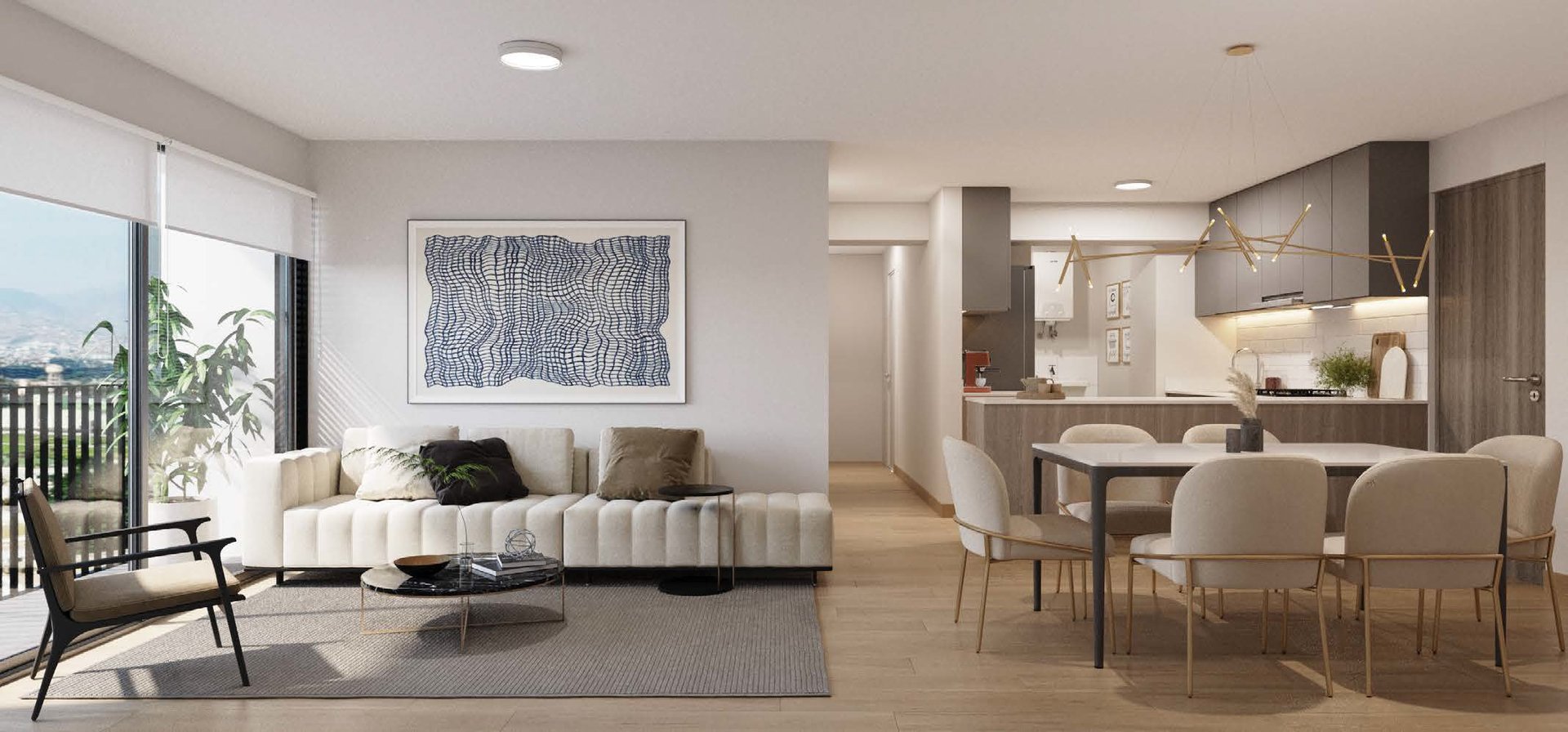 Modern open-plan apartment with living room, dining area, and kitchen, featuring contemporary furniture and neutral color palette