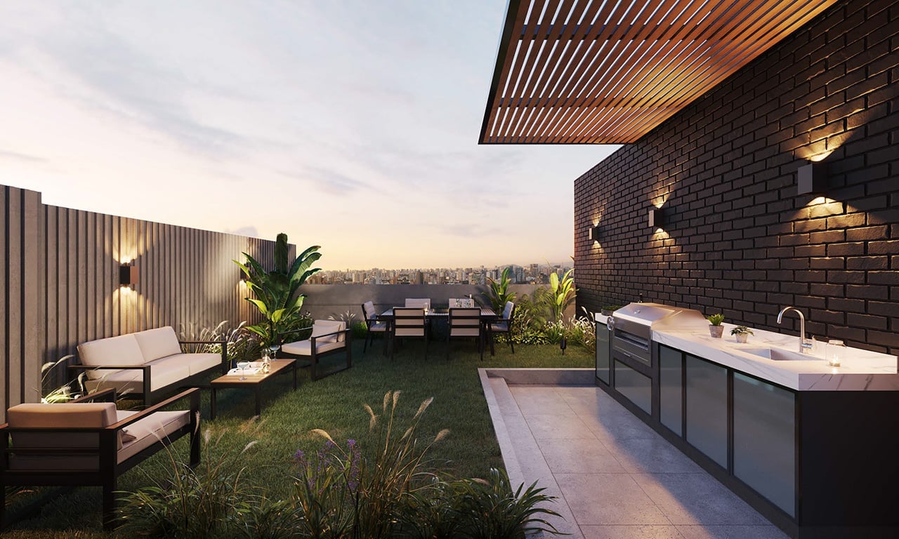 Modern rooftop terrace with seating area, soaring tub, wooden ceiling, potted plants, and city skyline at dusk