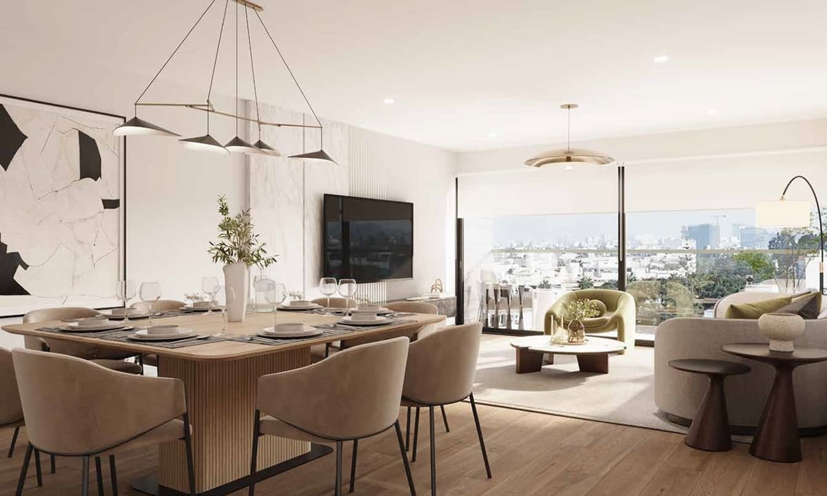 Modern luxury dining and living room with city skyline views, wooden dining table, contemporary furniture, and pendant lighting