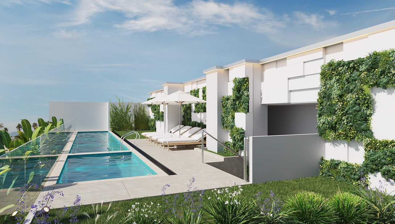 Modern white villa with rooftop pool, lounge chairs, and climbing ivy on walls under blue sky