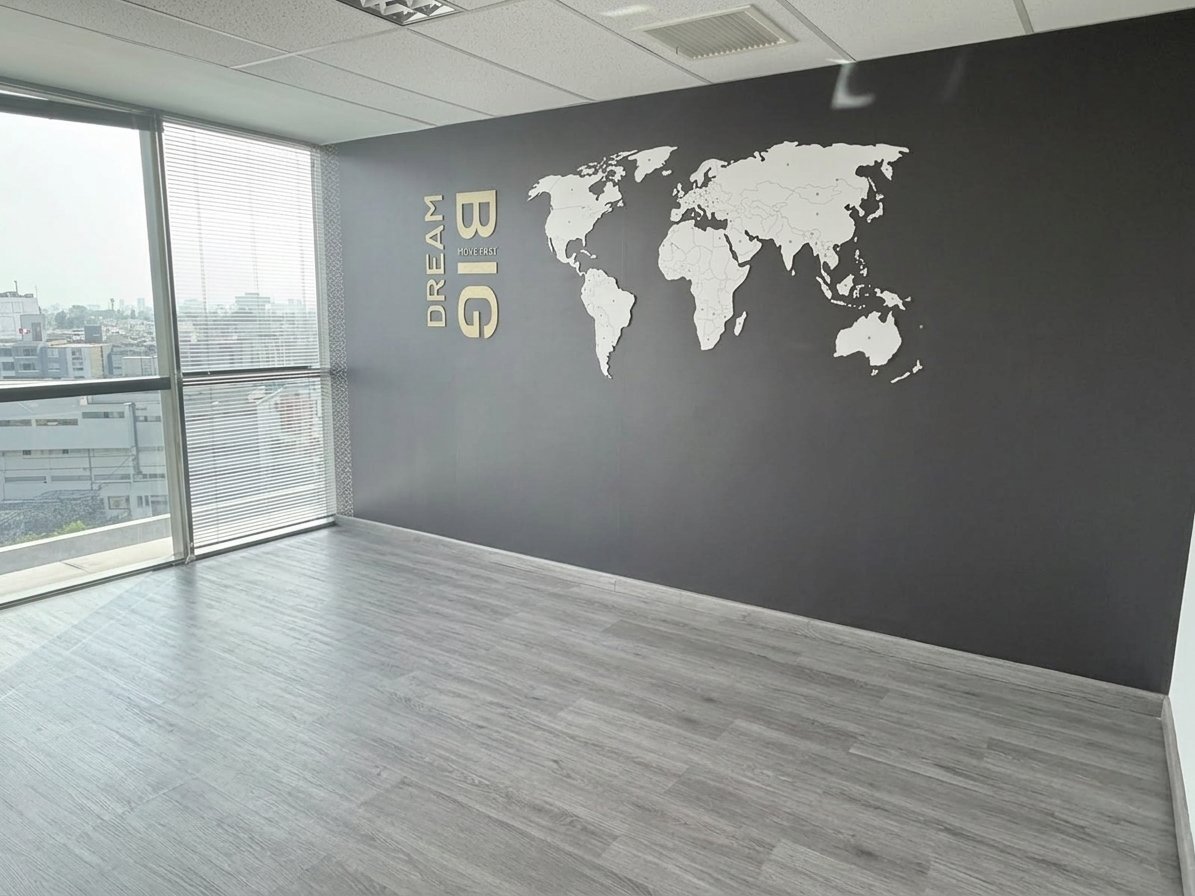 Interior de oficina moderna con mapa mundial en la pared, piso de madera claro y ventanales de piso a techo con vista al skyline de la ciudad