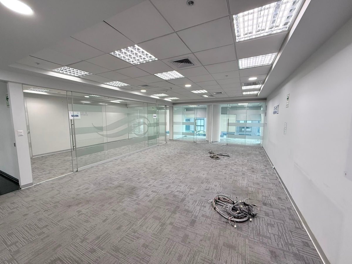 Empty modern office space with glass partition walls, carpet flooring, and ceiling lights