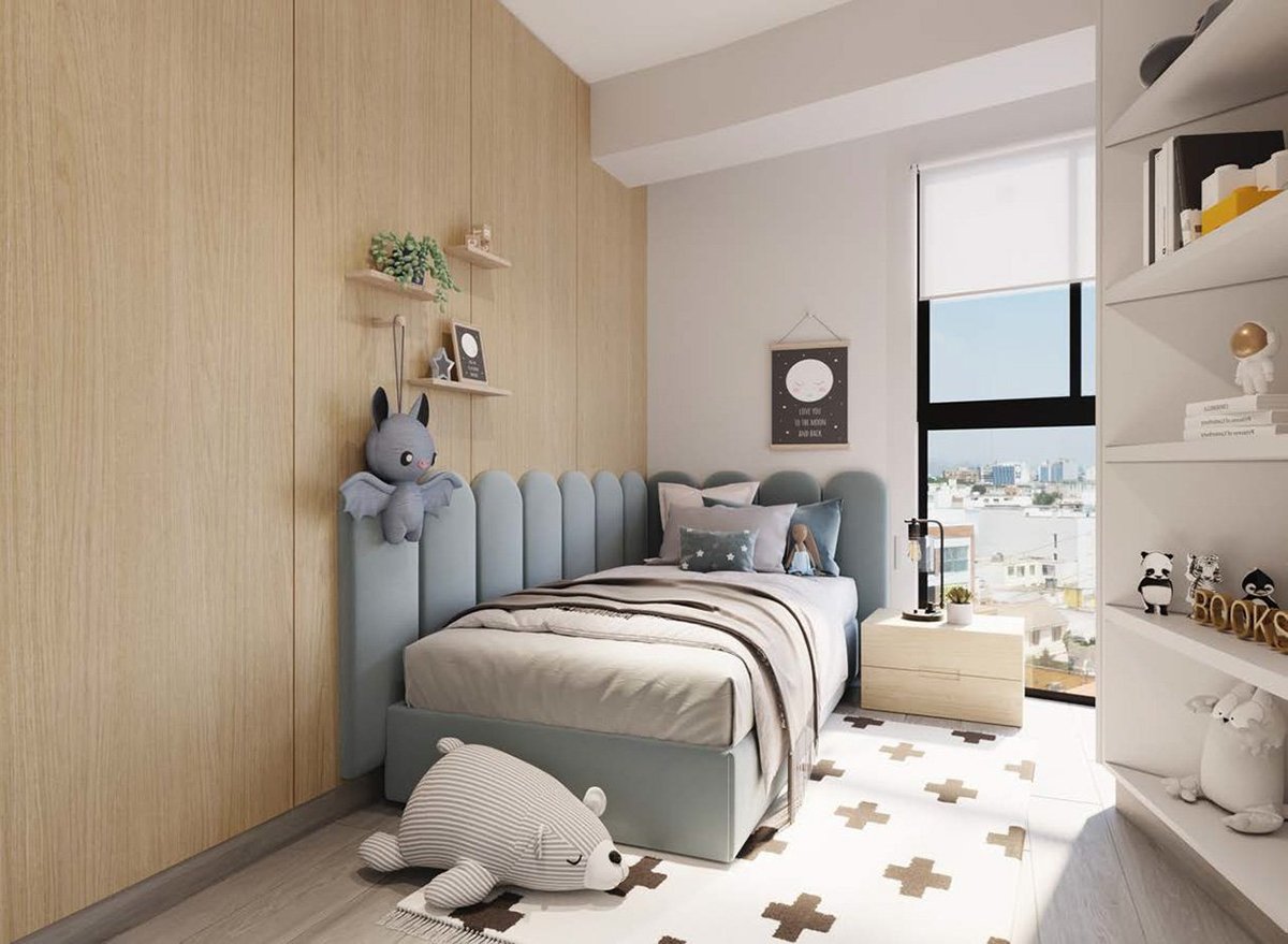 Modern childs bedroom with gray quilted bed, wooden accent wall, white shelving, and toy storage on a patterned floor