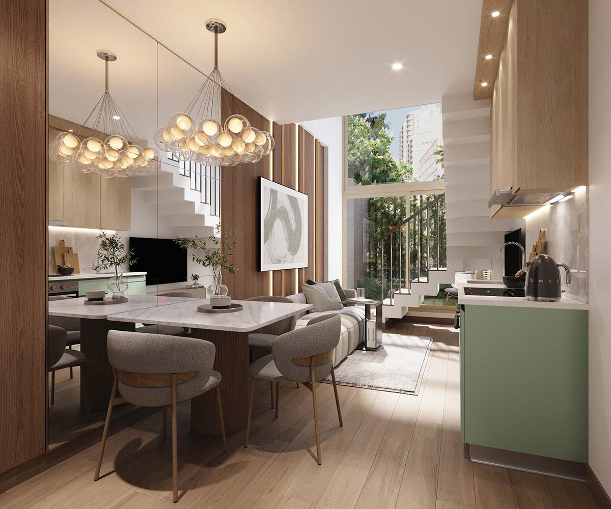 Modern apartment interior with open-concept kitchen, dining area with pendant lights, and floor-to-ceiling windows overlooking city greenery