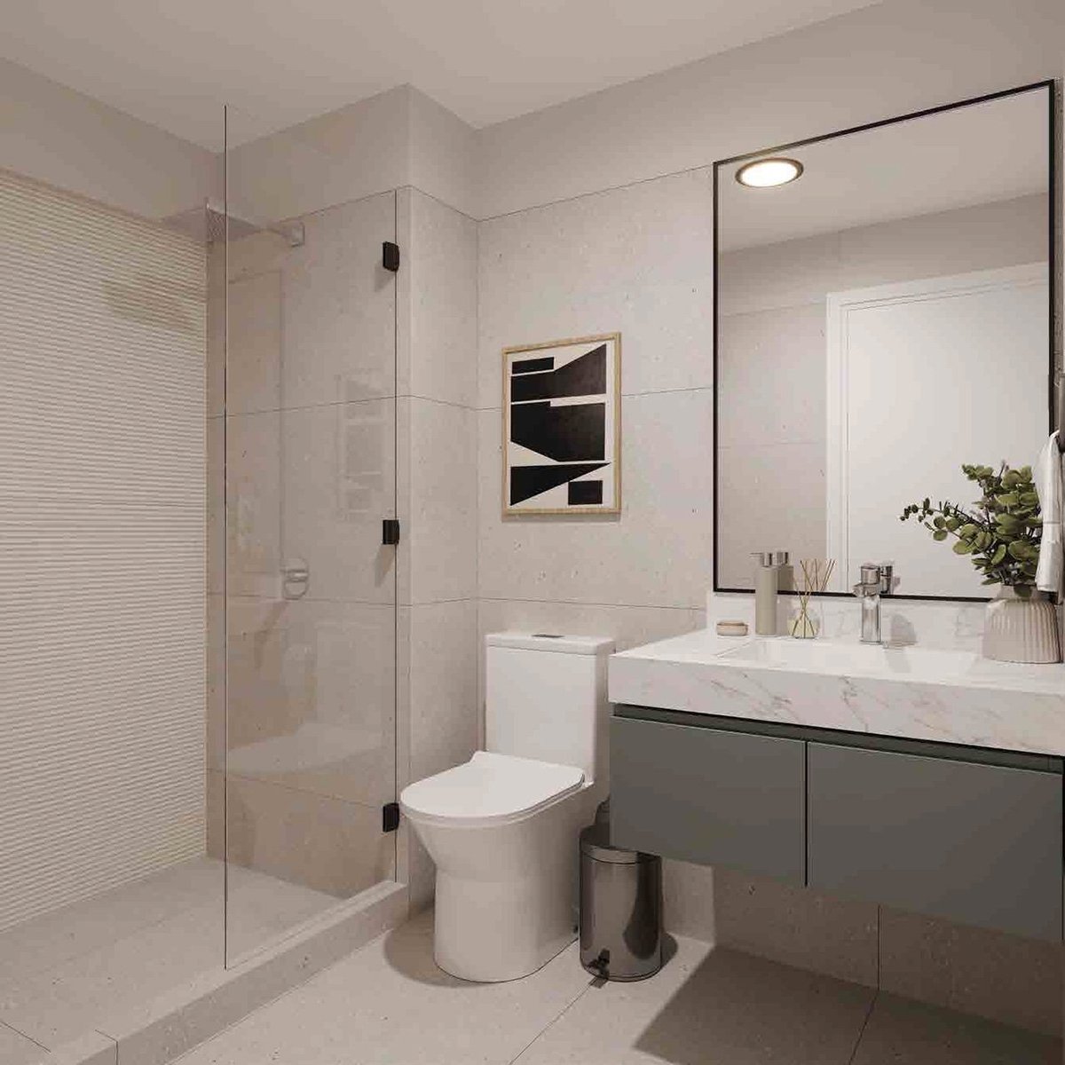 Modern bathroom with glass-enclosed shower, white toilet, dark vanity with white countertop, and large framed mirror
