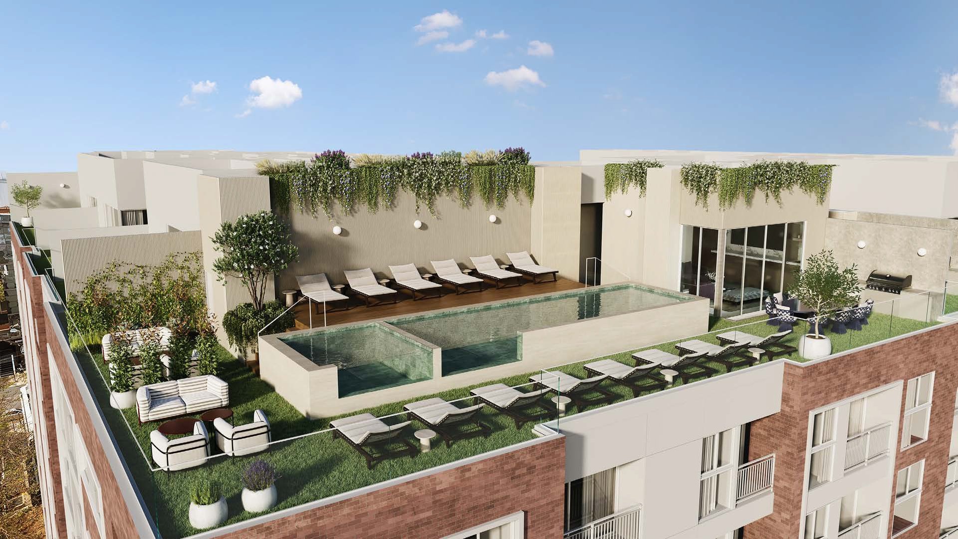 Modern rooftop with swimming pool, lounge chairs, green plants, and architectural design overlooking urban area