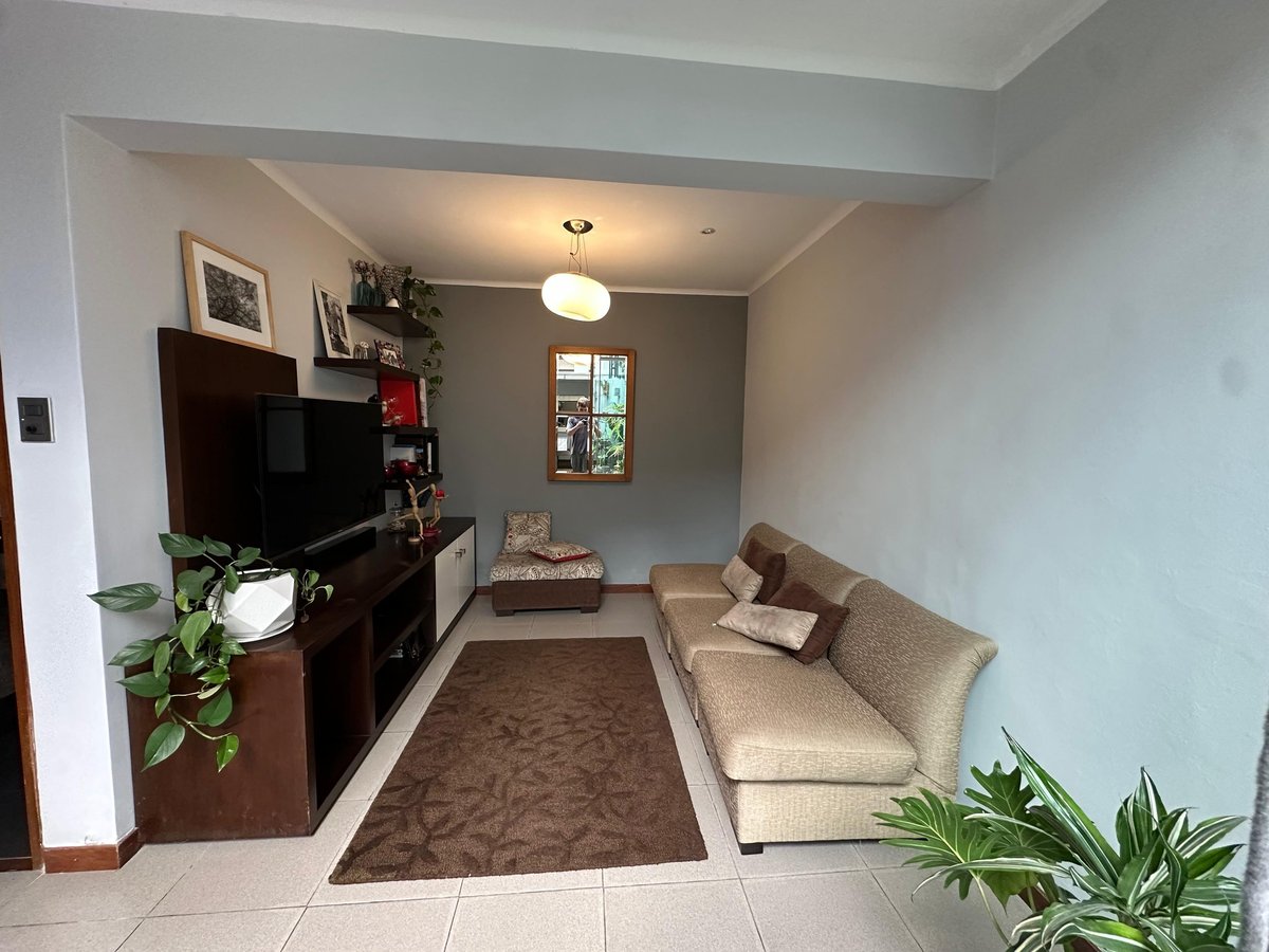 Modern living room with beige sofa, dark TV cabinet, potted plants, and pendant lighting in a compact space