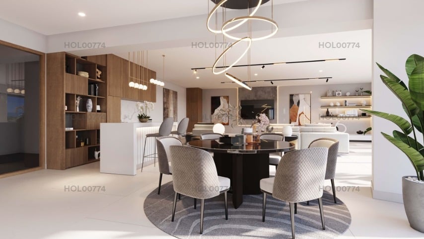 Modern open-concept kitchen and dining area with black round table, white chairs, wood cabinetry, and contemporary lighting fixtures
