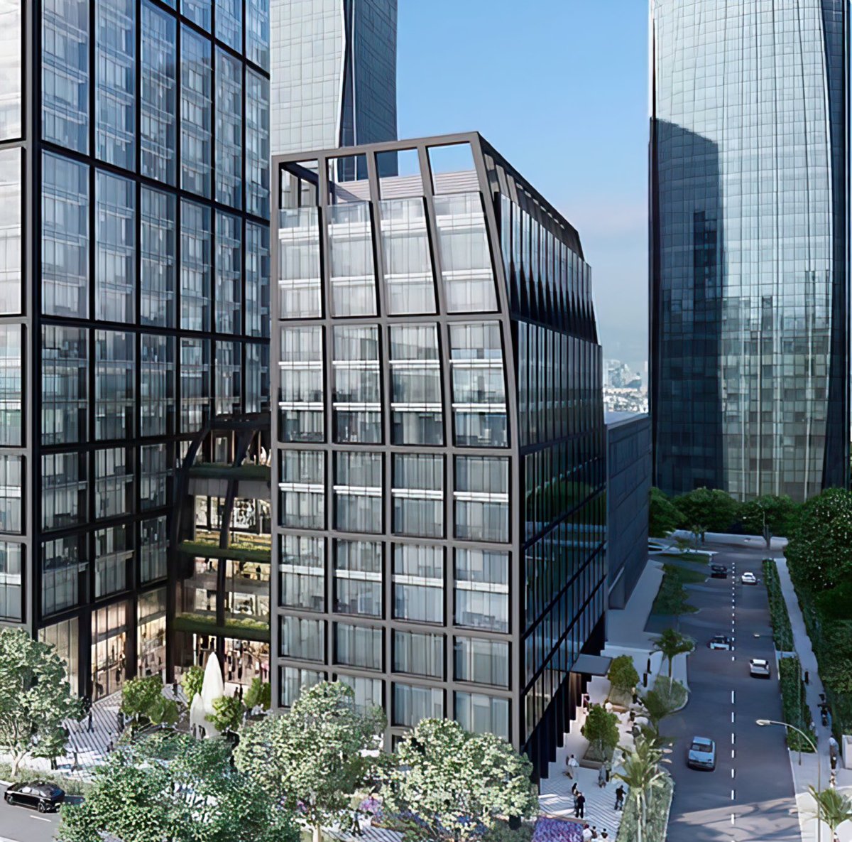 Modern glass and steel building with geometric grid facade nestled among tall skyscrapers in urban downtown area