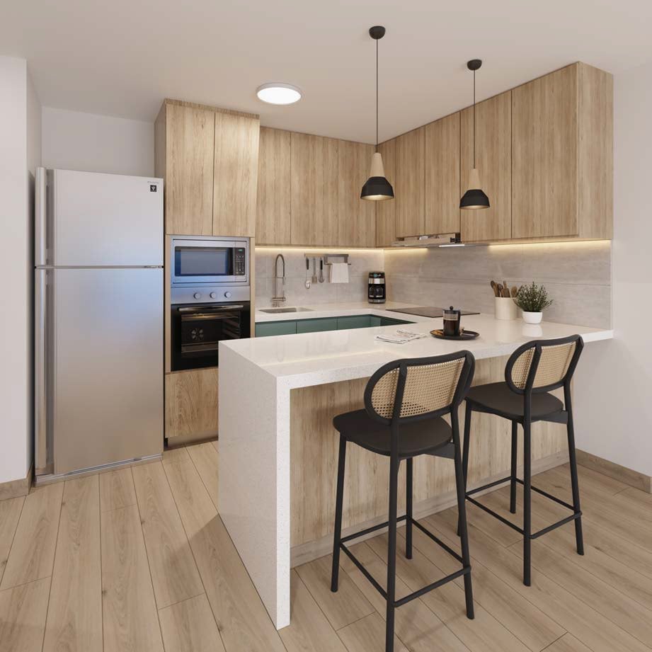 Modern kitchen interior with wooden cabinetry, white countertop island with black bar stools, stainless steel appliances, and pendant lighting.