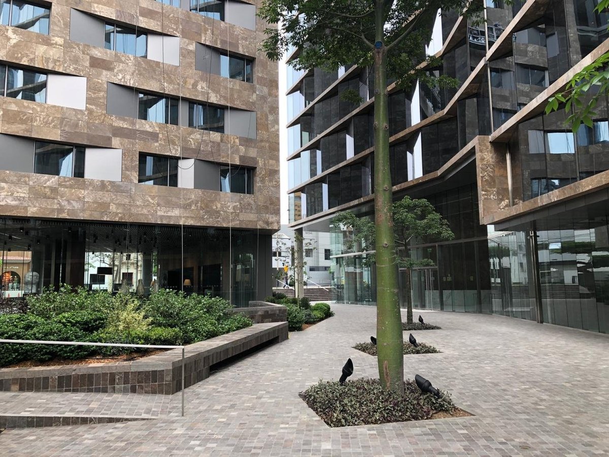 Urban courtyard with modern apartment buildings, stone paving, large tree, planters, and ground-level shops with glass storefronts