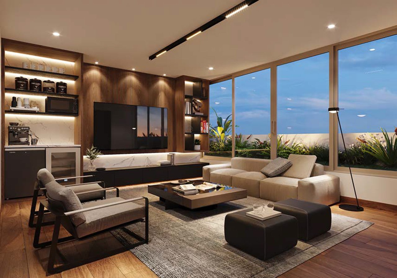 Modern living room with floor-to-ceiling windows, mounted TV, contemporary furniture, and wooden accents overlooking city skyline at dusk
