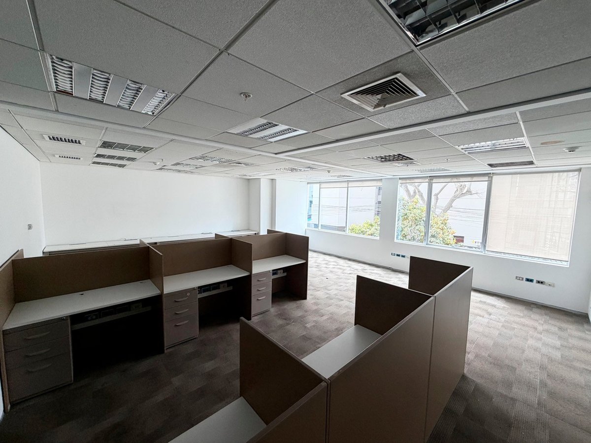 Empty office space with modular desks, storage units, and ceiling lights with large windows along the back wall