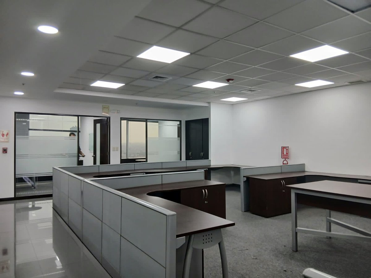 Empty modern office space with modular workstations, glass-walled conference room, fluorescent ceiling lights, and polished concrete flooring